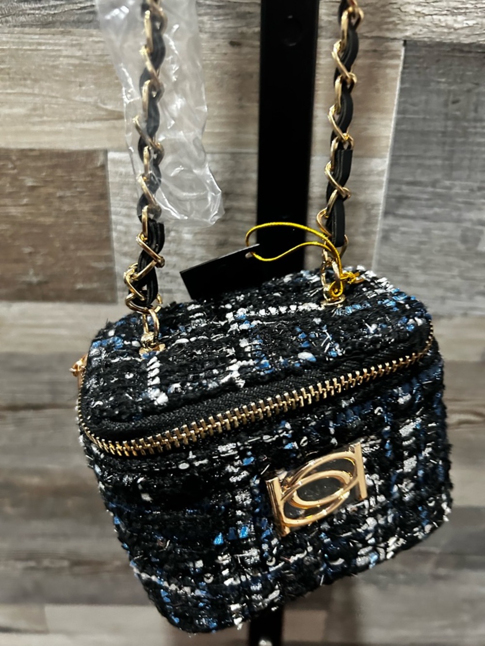BeBe Black Tweed Chain Crossbody Bag with Gold Hardware